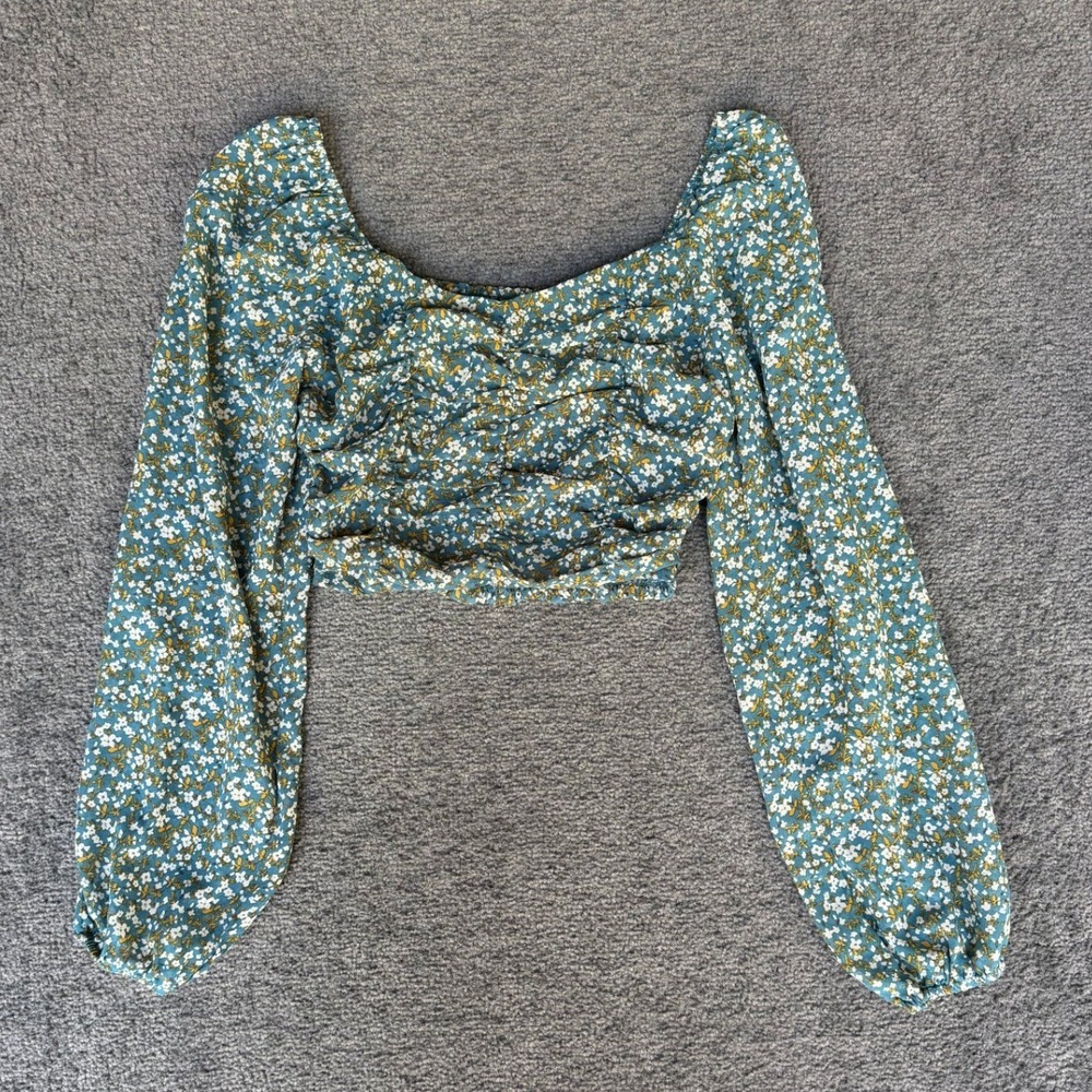 Altar'd State Teal Blue Floral Smocked Back Crop Top Long Sleeve BE22079 XS